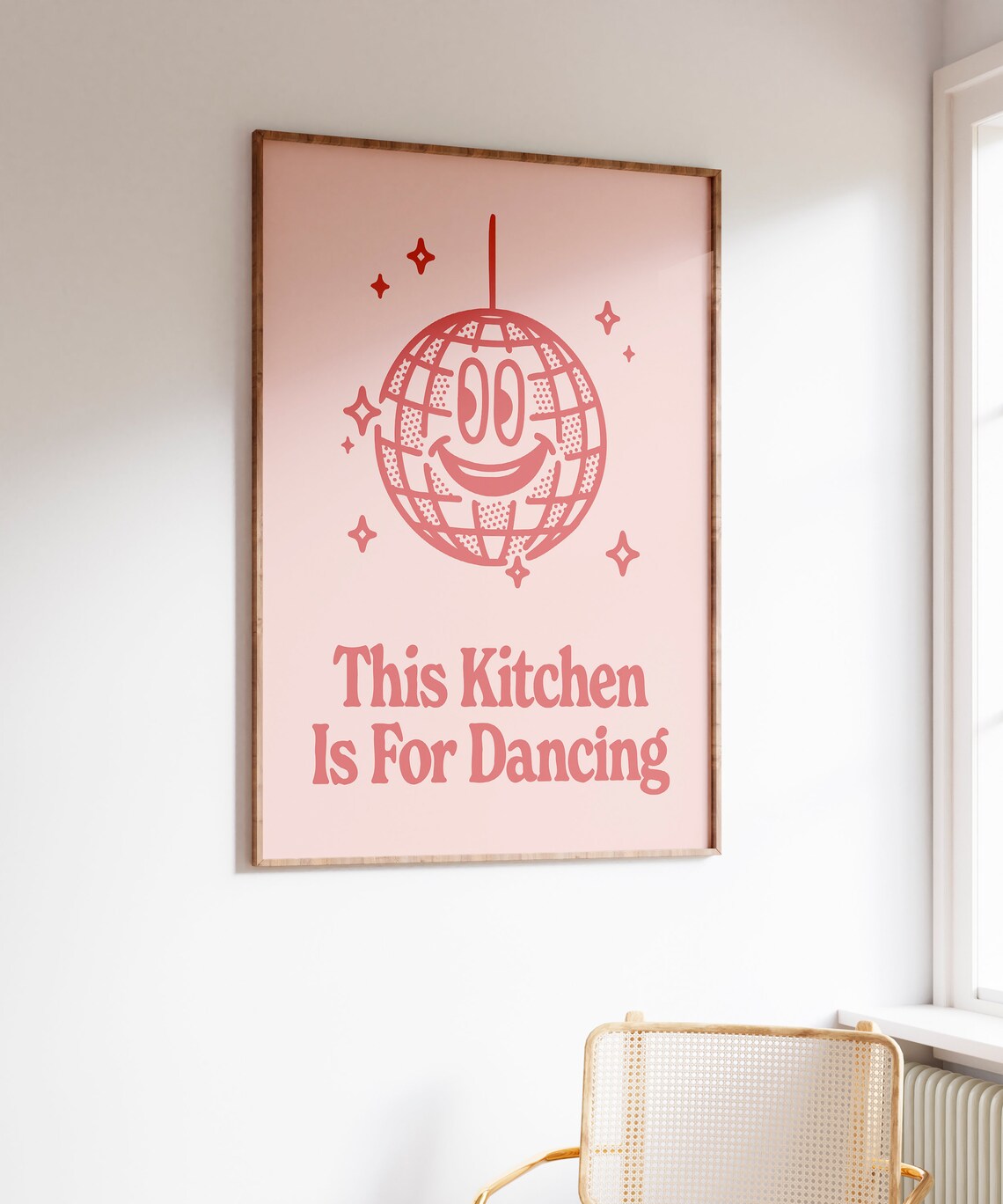 This Kitchen Is For Dancing Coral Pink Smiling Disco Ball Retro Quote Poster - Image 5