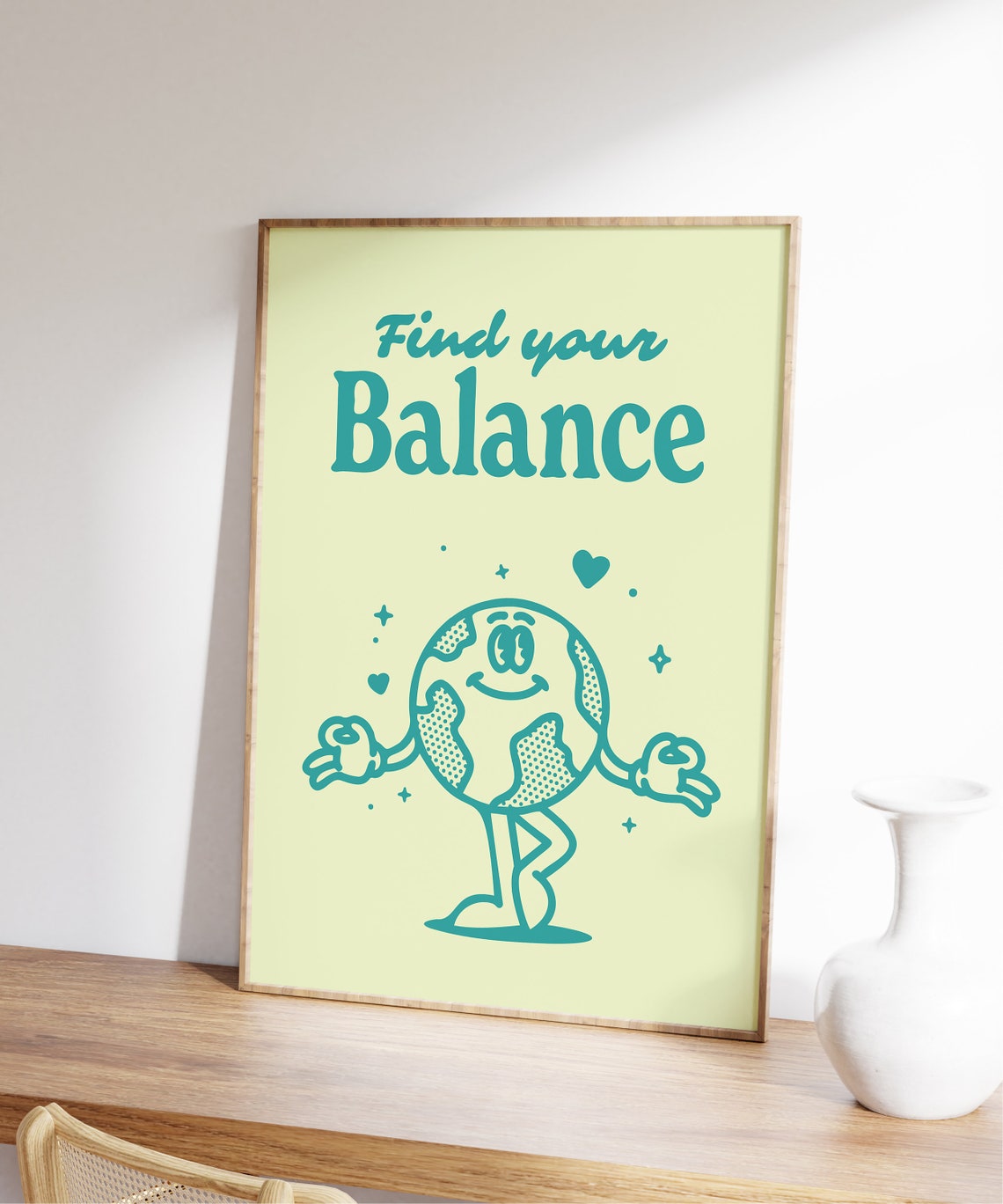 Find Your Balance Teal Globe Retro Character Quote Art Print - Image 5