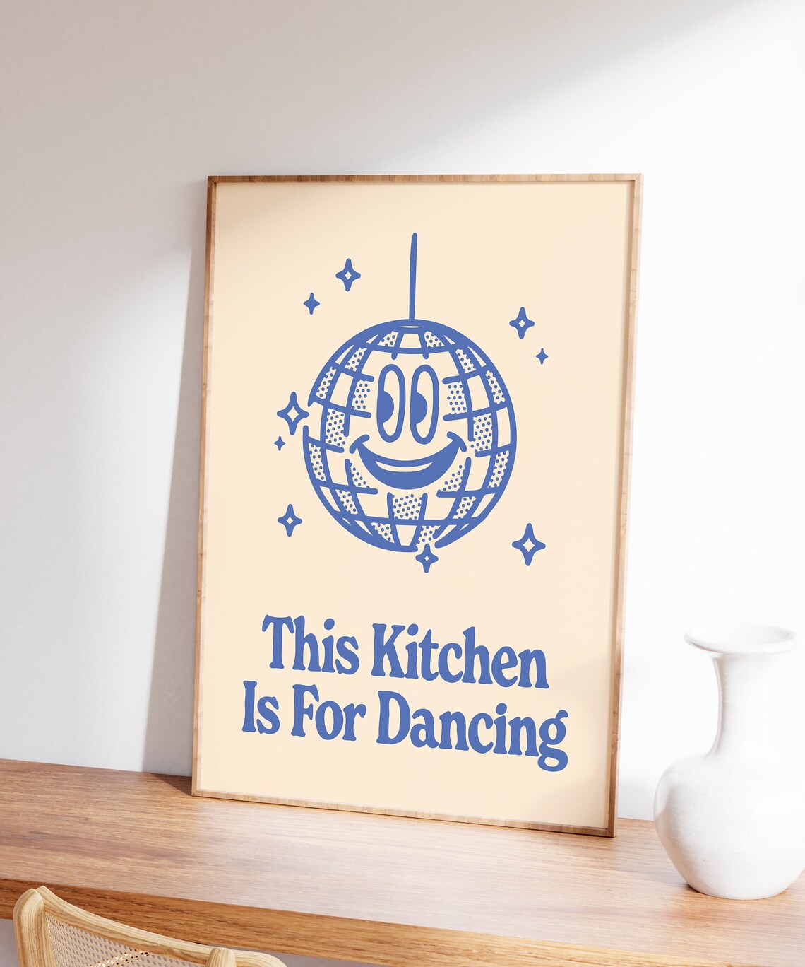 This Kitchen Is For Dancing Blue Smiling Disco Ball Retro Kitchen Quote Poster - Image 7
