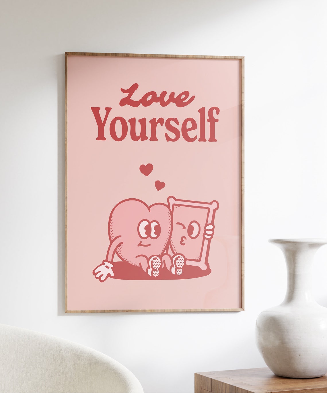 Love Yourself Retro Pink Heart Hugging Mirror Quote Wall Art - Image 4