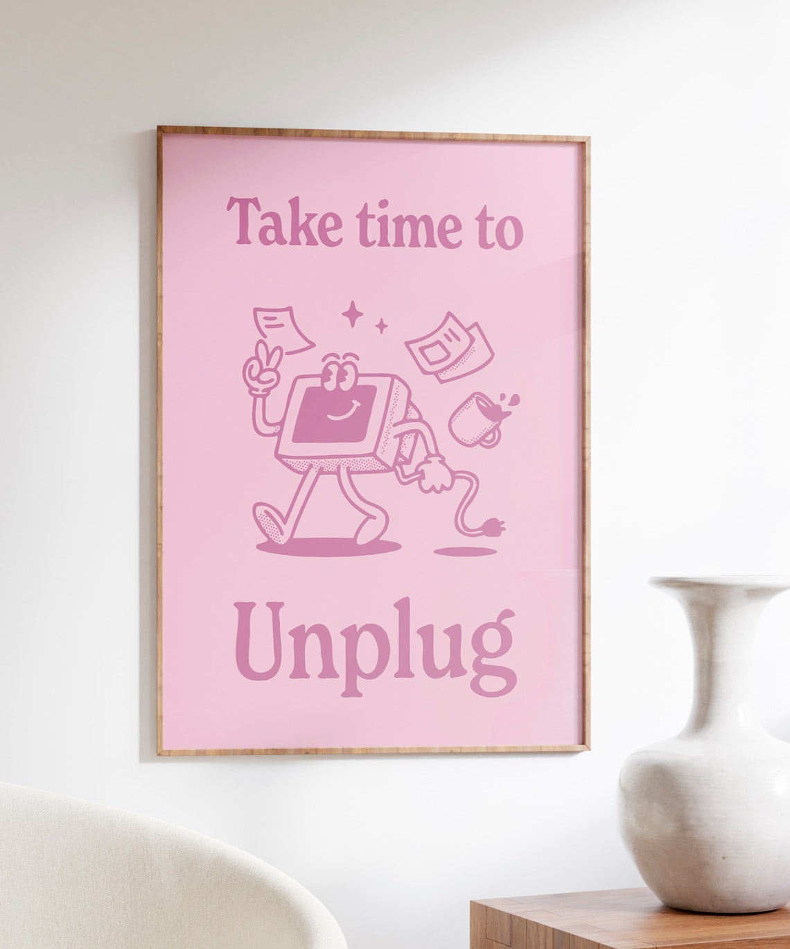 Take Time to Unplug Pink Retro Computer Mascot Self Care Poster - Image 5
