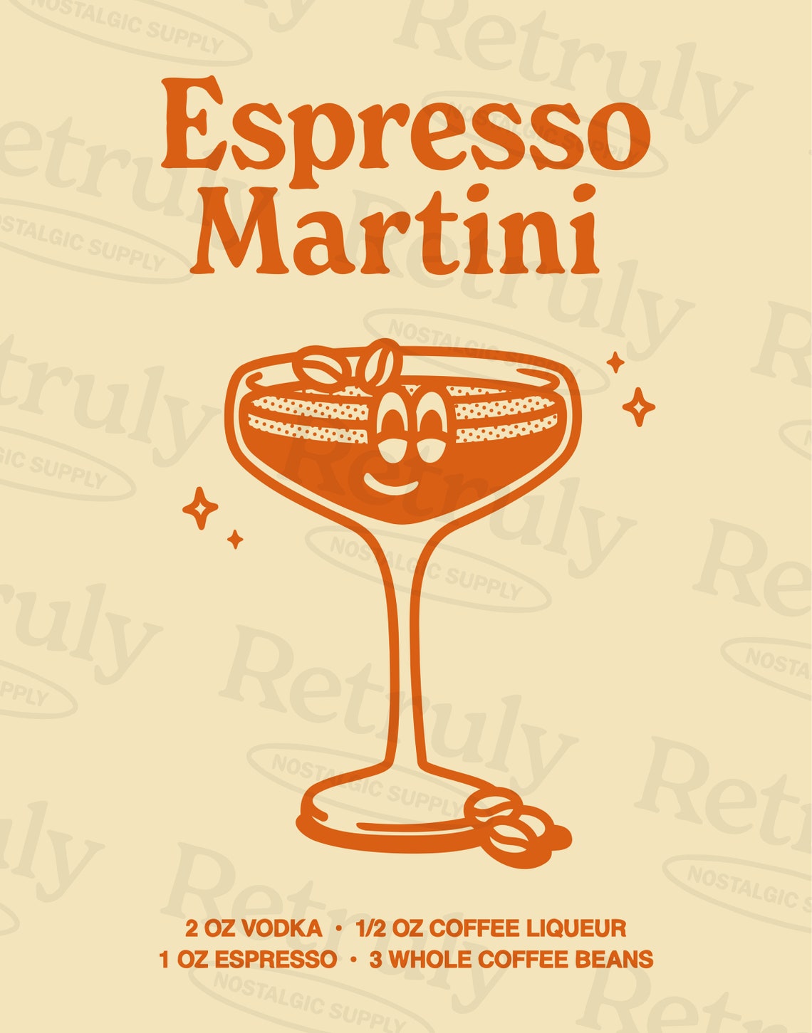 Espresso Martini Cocktail Recipe Smiling Glass Retro Orange Poster - Image 2