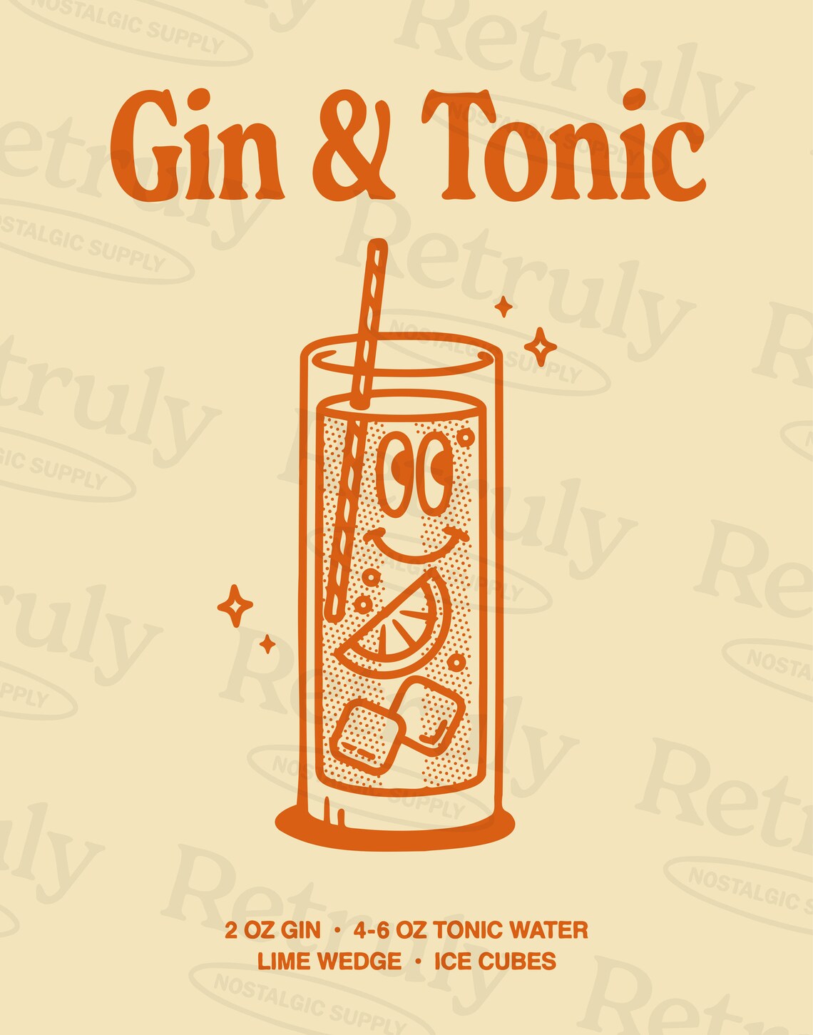 Gin and Tonic Classic Retro Cocktail Recipe Orange Bar Art Print - Image 2