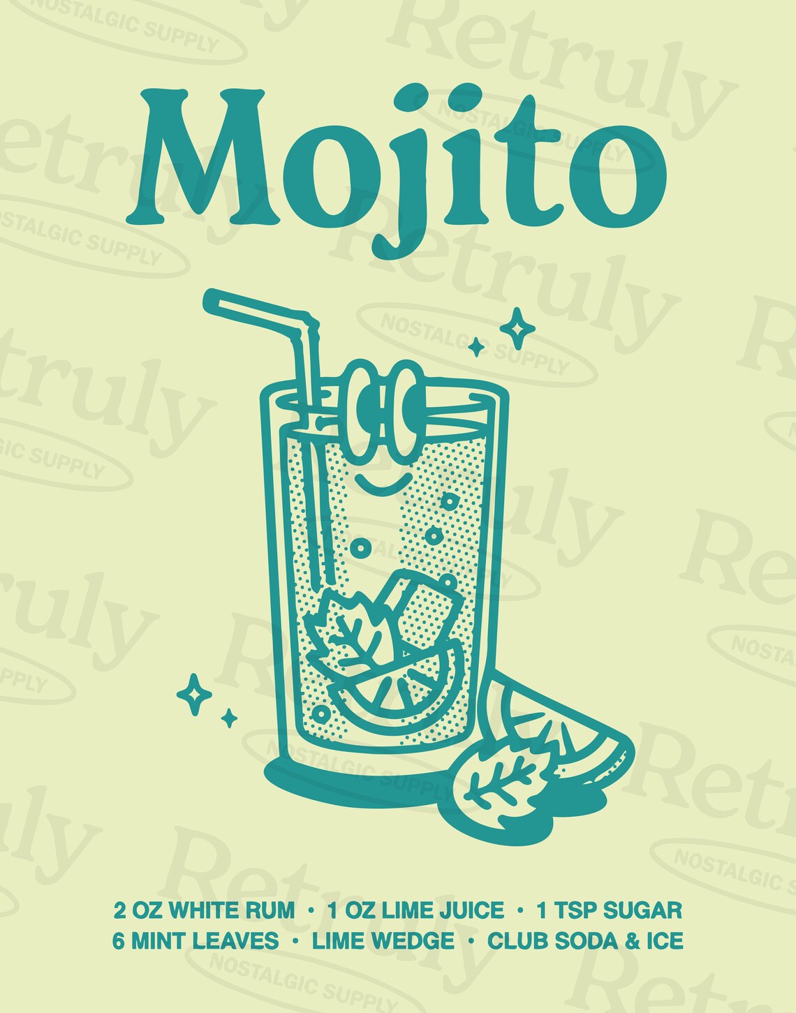 Mojito Cocktail Recipe Smiling Glass Retro Green Bar Cart Poster - Image 2