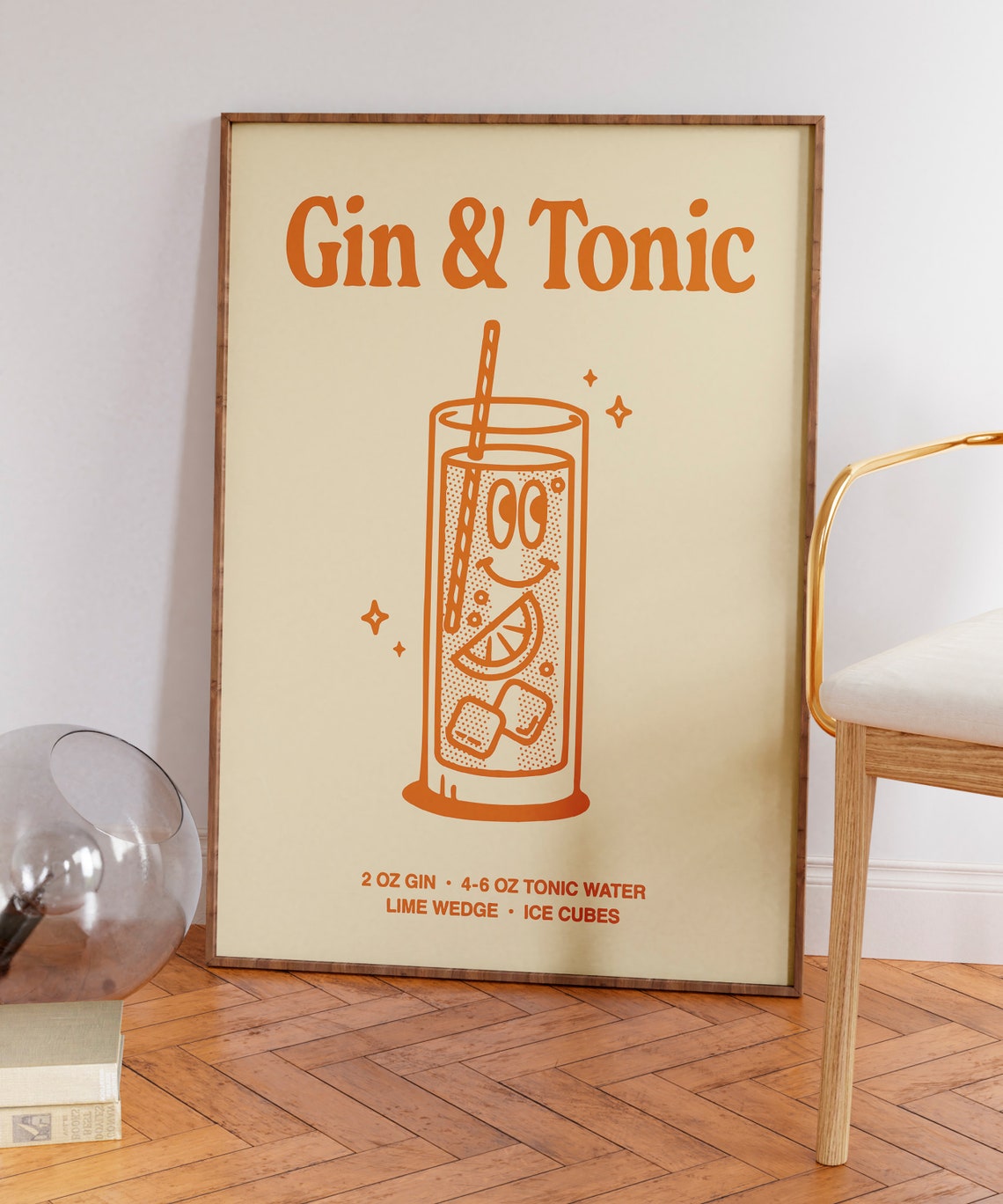 Gin and Tonic Classic Retro Cocktail Recipe Orange Bar Art Print - Image 5