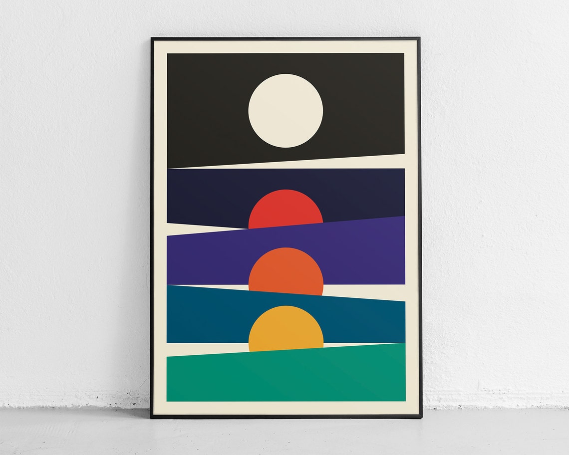 Abstract Geometric Sunset Layered Sun Seascape Modern Art Poster