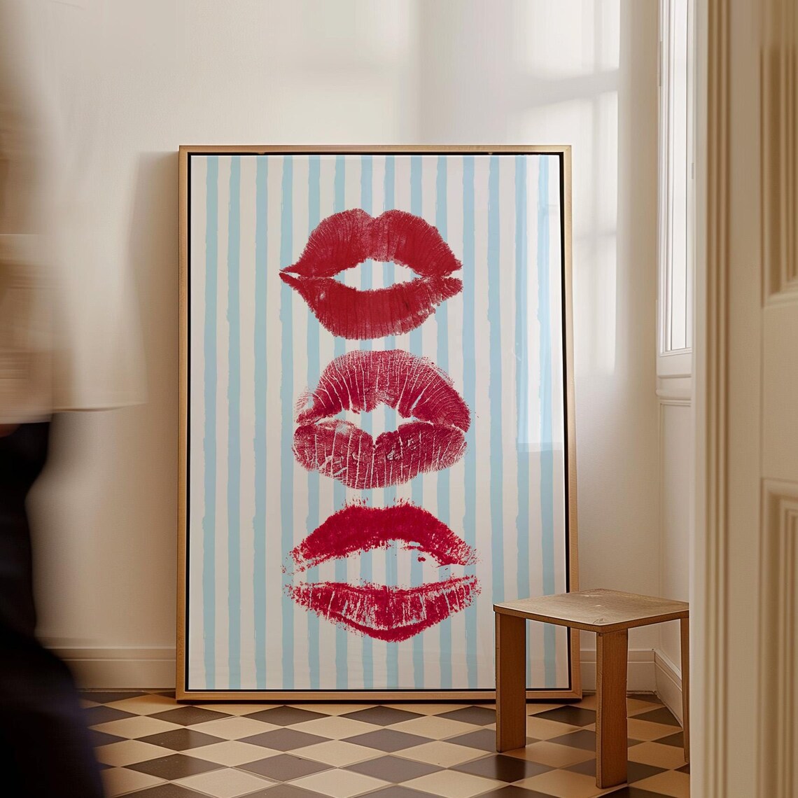 Red Lipstick Kiss Marks Blue Striped Preppy Dorm Room Decor Art Print