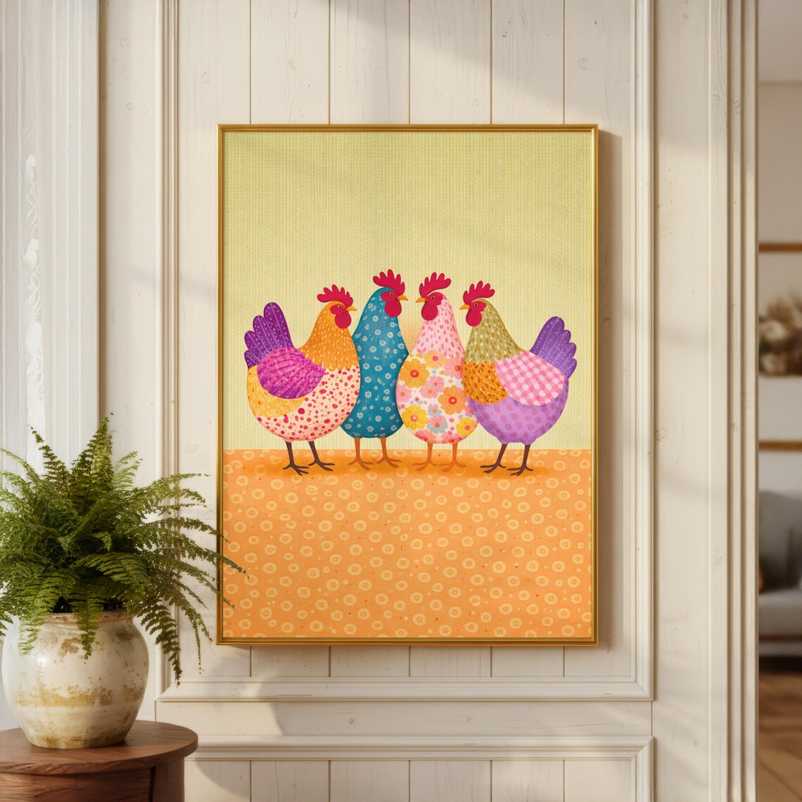 Colorful Chicken Farmhouse Art Print, Rustic Decor