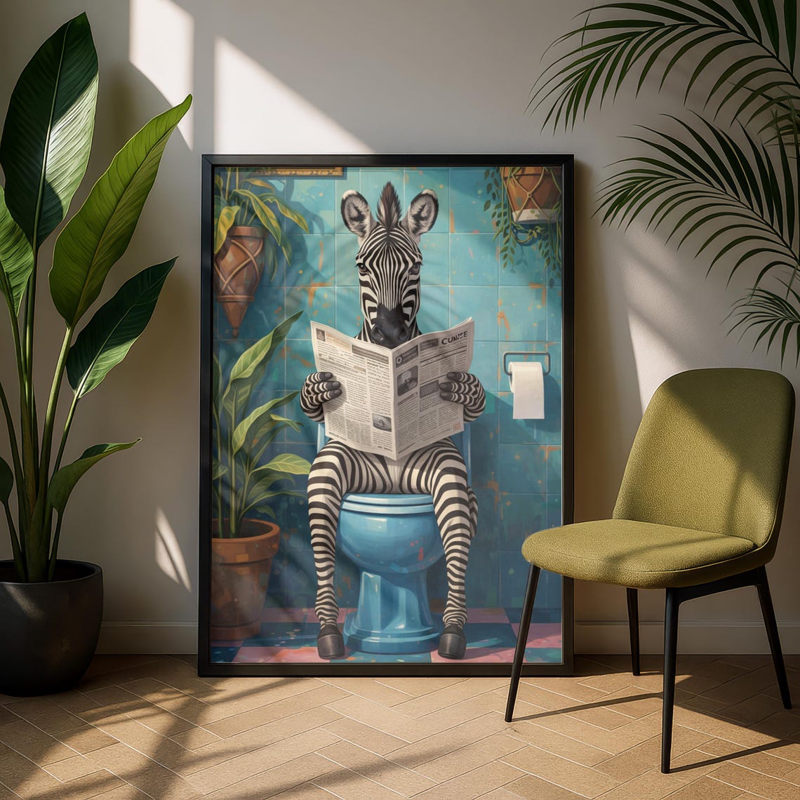 Funny Zebra Reading Newspaper Toilet Poster Quirky Bathroom Decor