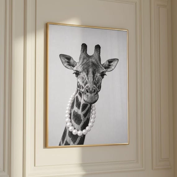 Elegant Giraffe Portrait Pearl Necklace Animal Wall Art Black White Safari Poster