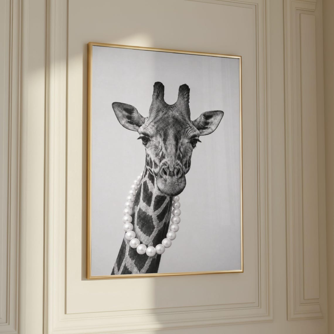 Elegant Giraffe Pearl Necklace Black White Safari Art Poster