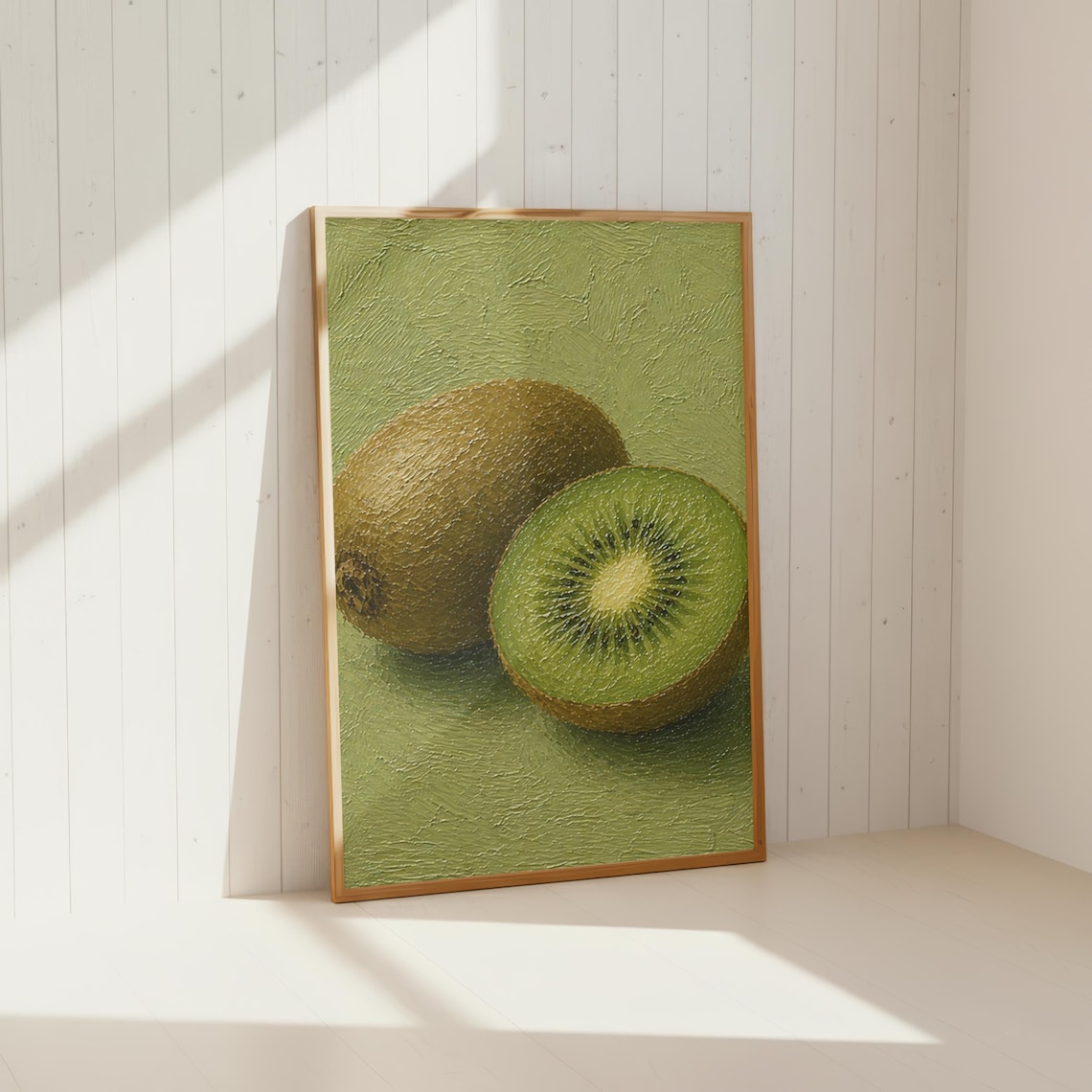 Sliced Kiwi Fruit Textured Oil Painting Green Kitchen Art Poster