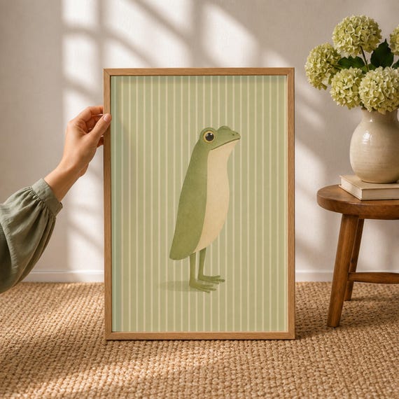 Minimalist Frog Print Scandinavian Nursery Wall Art Cottagecore Animal Decor Sage Green Poster