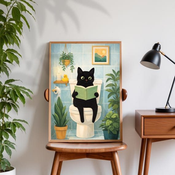 Funny Black Cat Reading On Toilet Bathroom Print Humorous Animal Wall Art