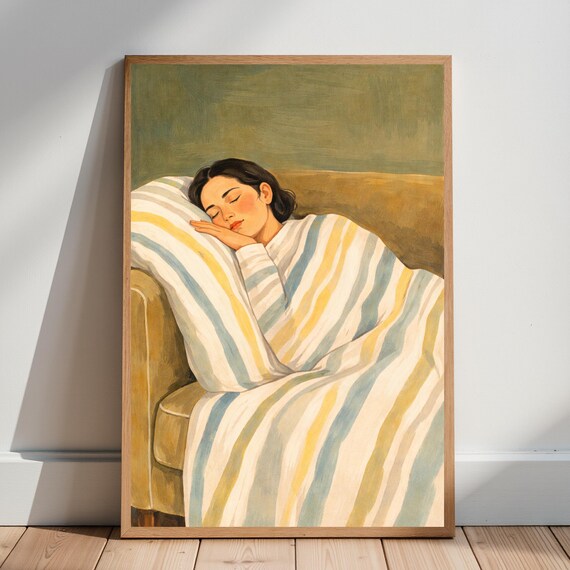 Woman Sleeping On Striped Blanket Cozy Couch Relaxing Art Poster