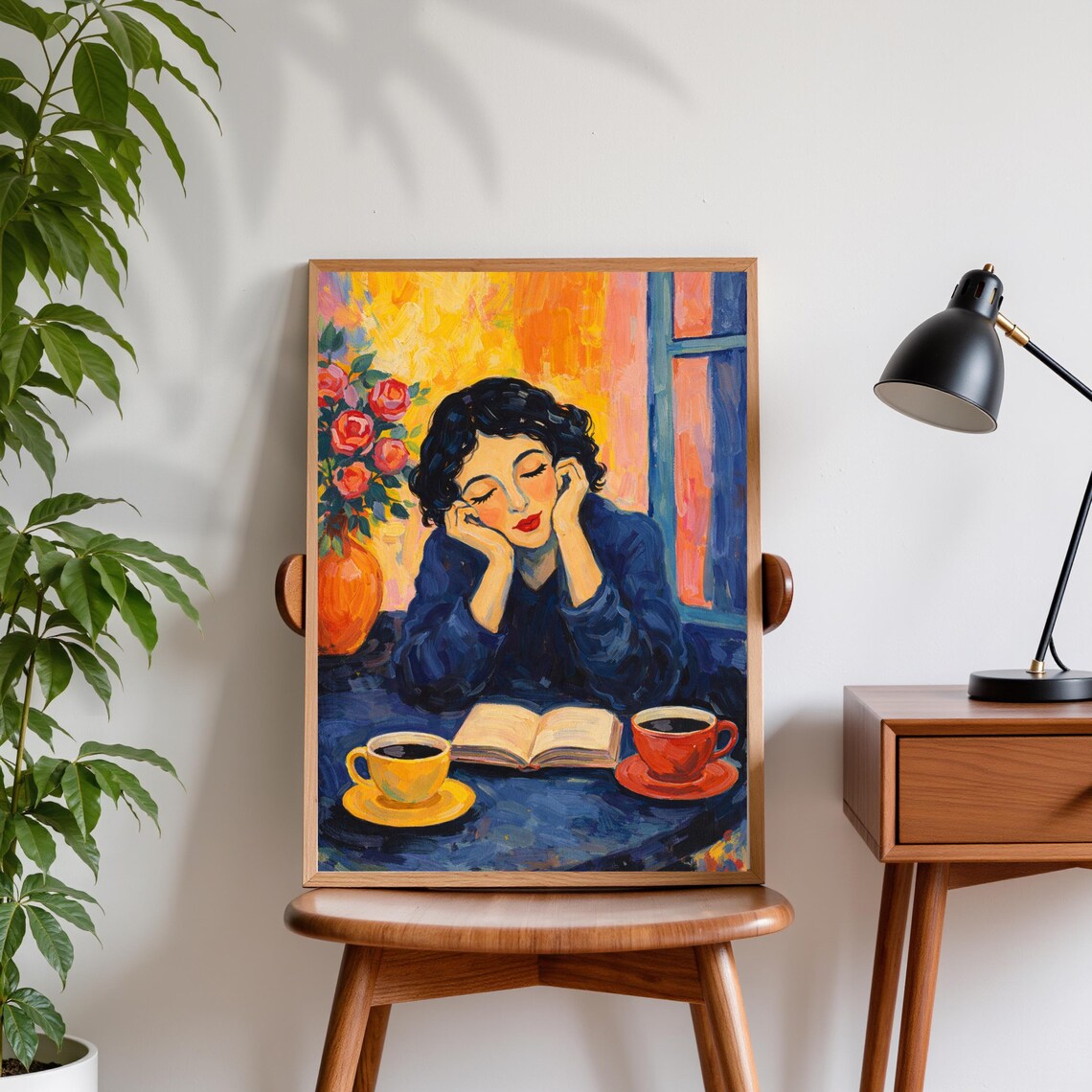 Woman Daydreaming Cafe Coffee Fauvist Style Painting Wall Poster