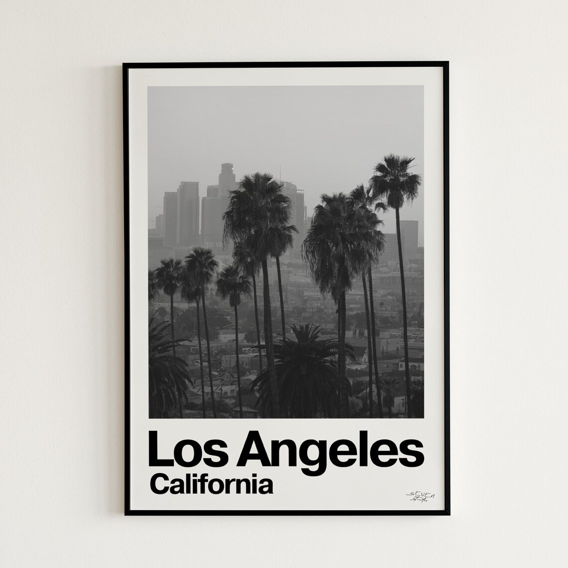 Los Angeles California Skyline Palm Trees Black White Photo Poster