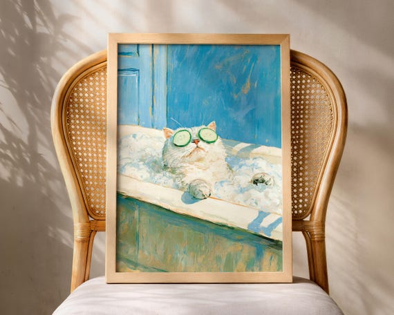 Cat Bathroom Wall Art Print Silver Gray British Shorthair Bathtub Poster Funny Whimsical Colourful Bath Decor