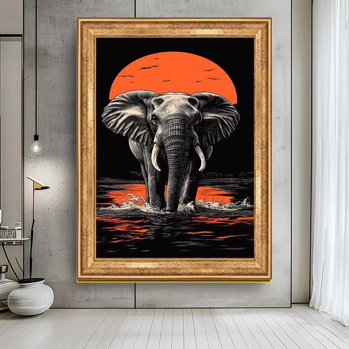 Monochrome Elephant Orange Sun Bold Safari Wildlife Art Poster - Image 5