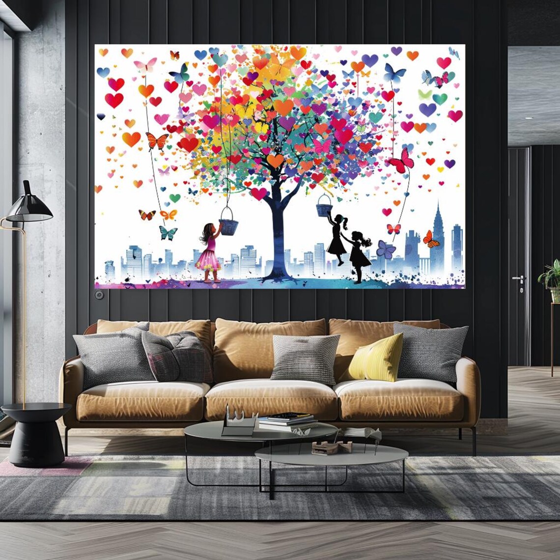 Colorful Heart Tree Two Girls Butterflies Joyful Kids Room Art Print - Image 5