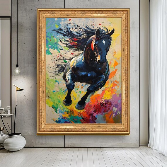 Vibrant Running Horse Canvas Art Colorful Abstract Painting Large Animal Wall For Living Room Dynamic Modern Decor