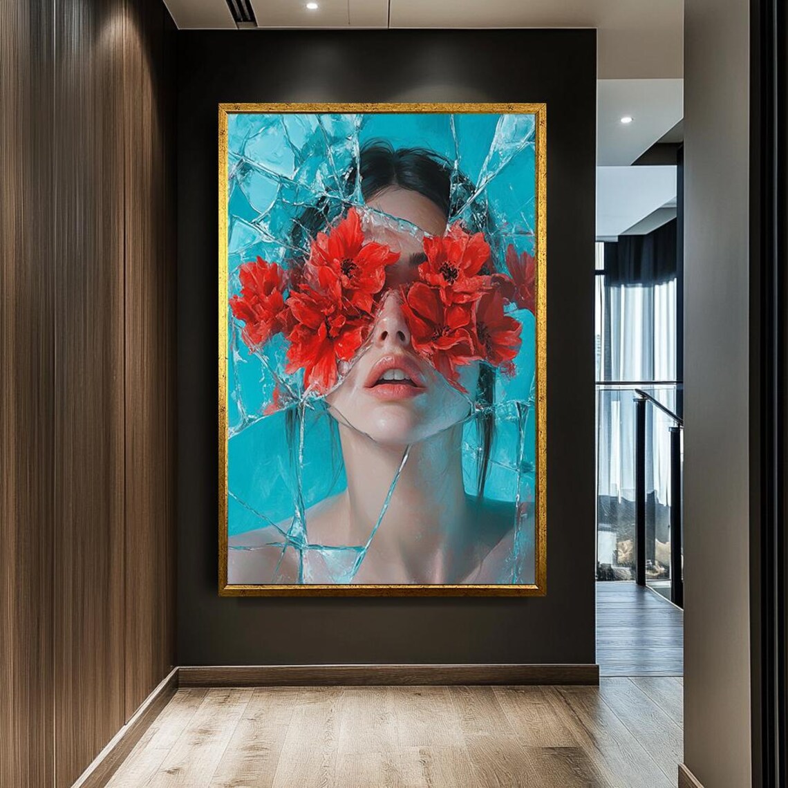 Surreal Woman With Red Flowers Shattered Glass Effect Art Poster - Image 2
