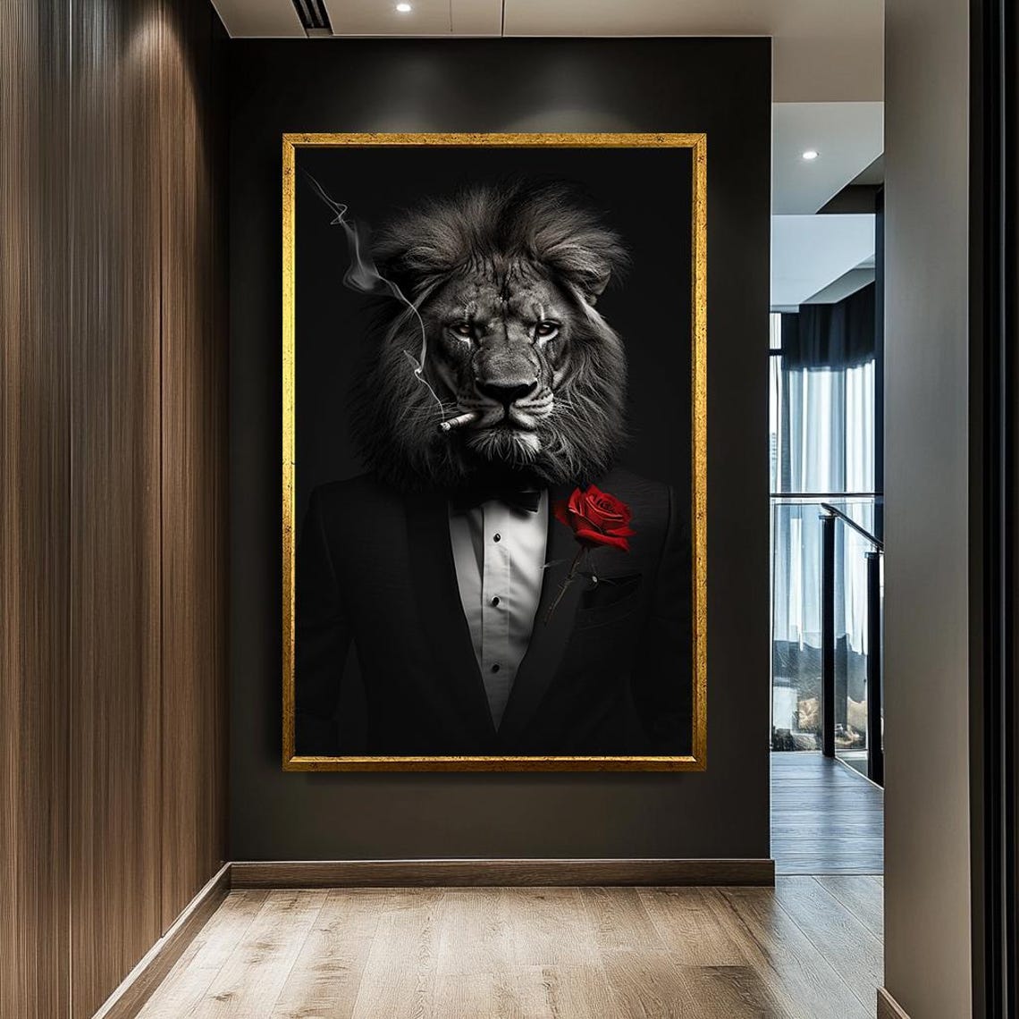 Dapper Lion Tuxedo Cigar Red Rose Sophisticated Animal Wall Art - Image 3