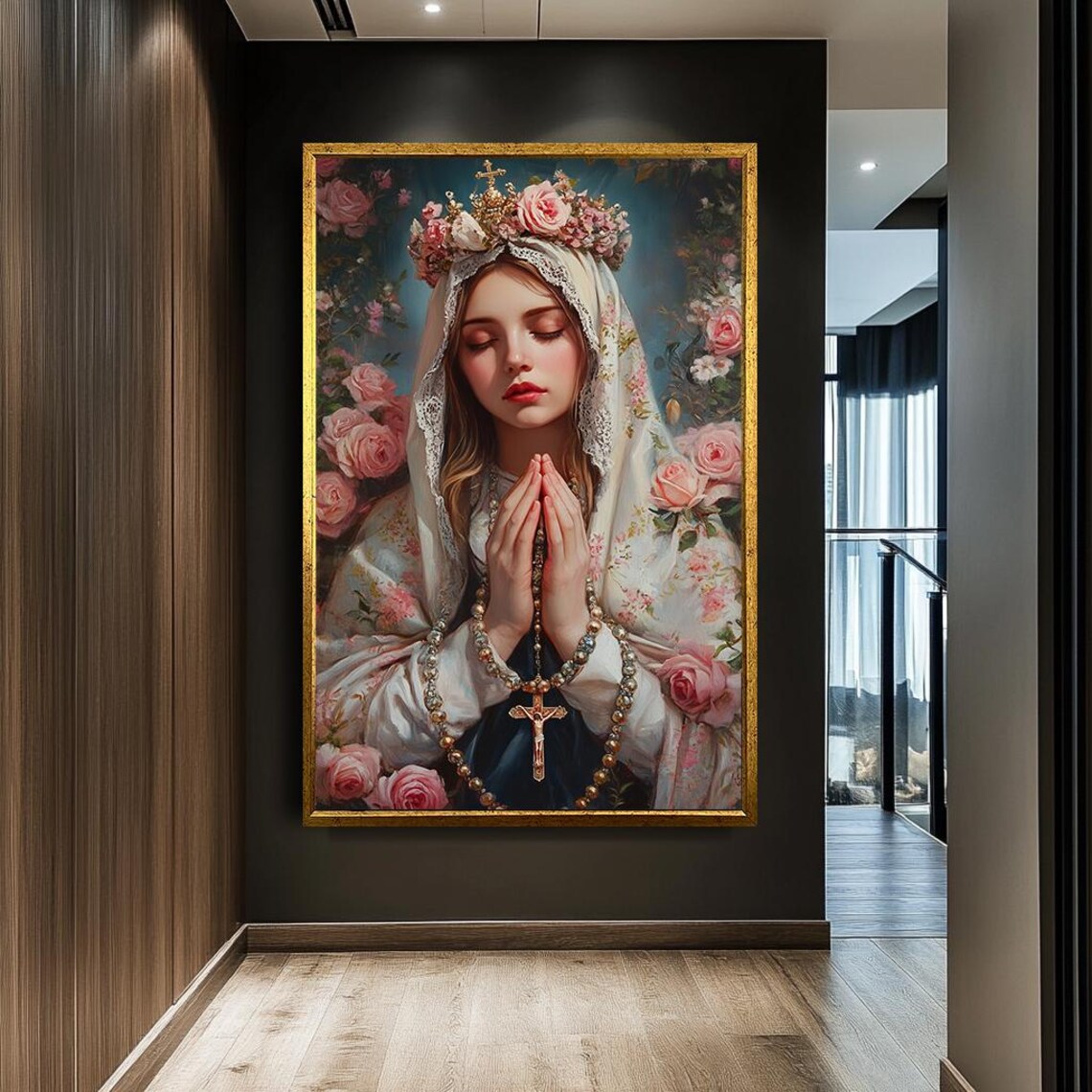 Virgin Mary Praying With Roses Rosary Floral Crown Religious Art Poster - Image 5