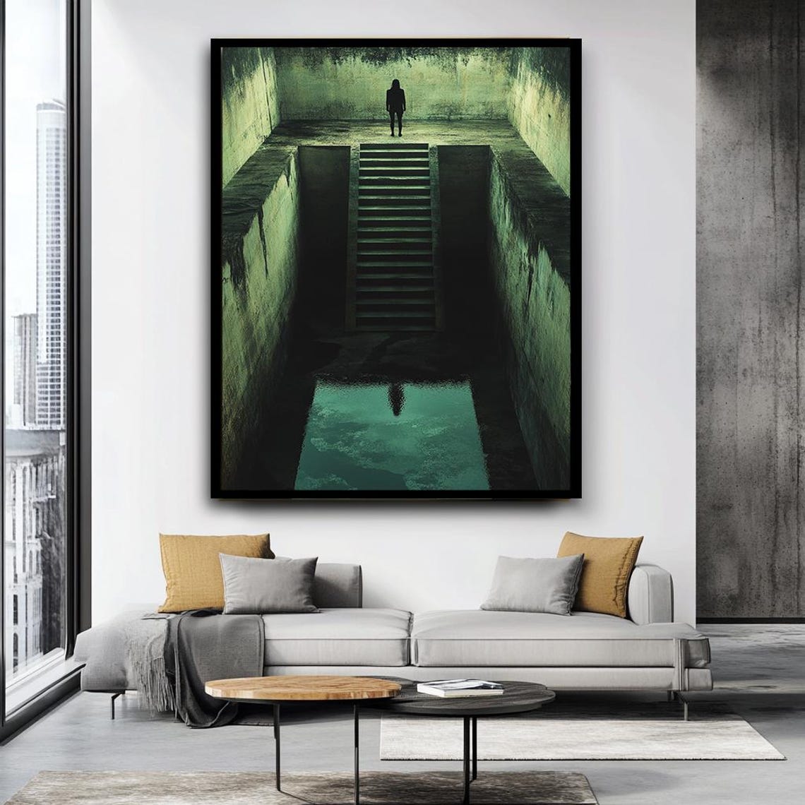 Dark Staircase Lonely Figure Surreal Shadow Water Reflection Print - Image 4