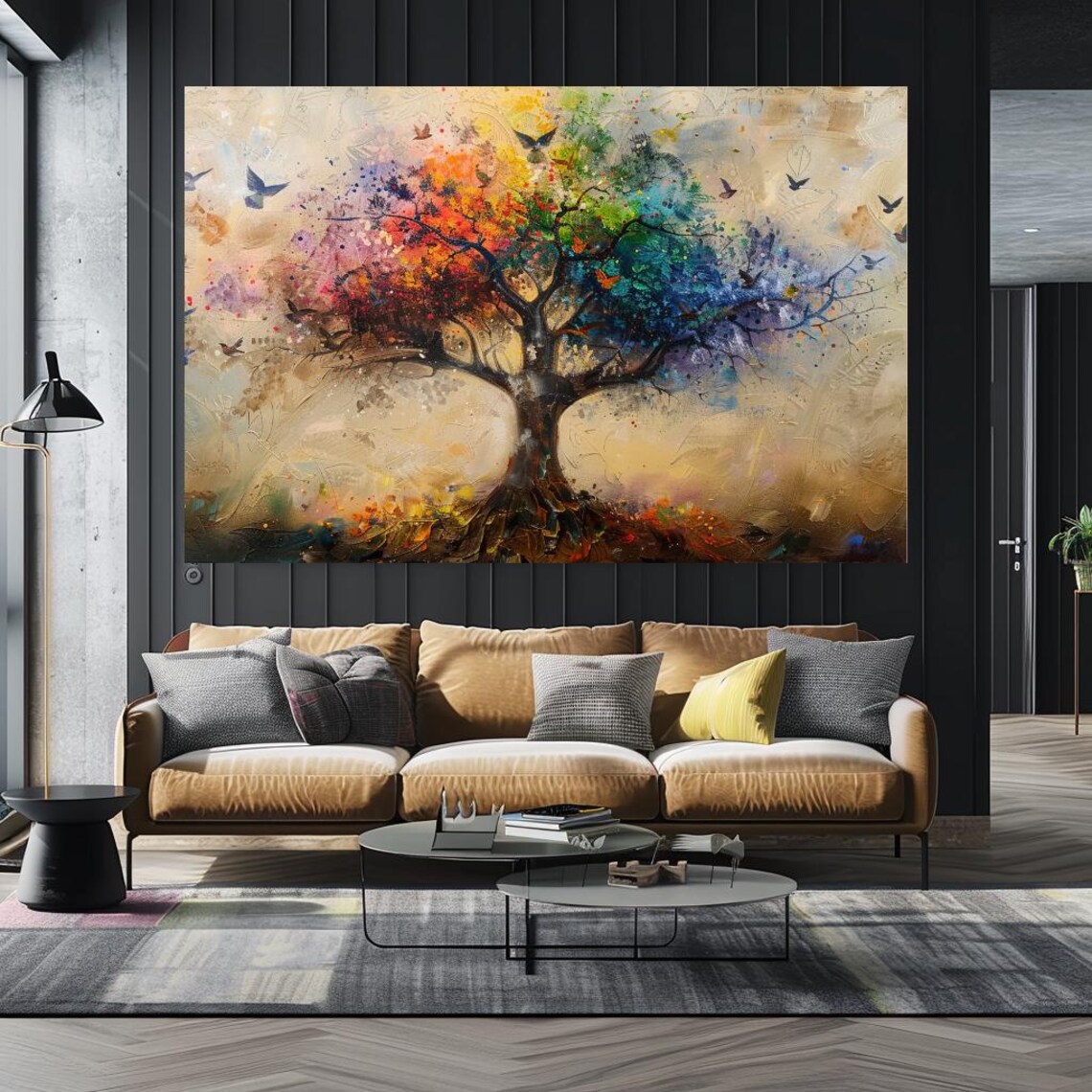 Rainbow Tree Of Life Flying Birds Golden Whimsical Nature Art Print - Image 5
