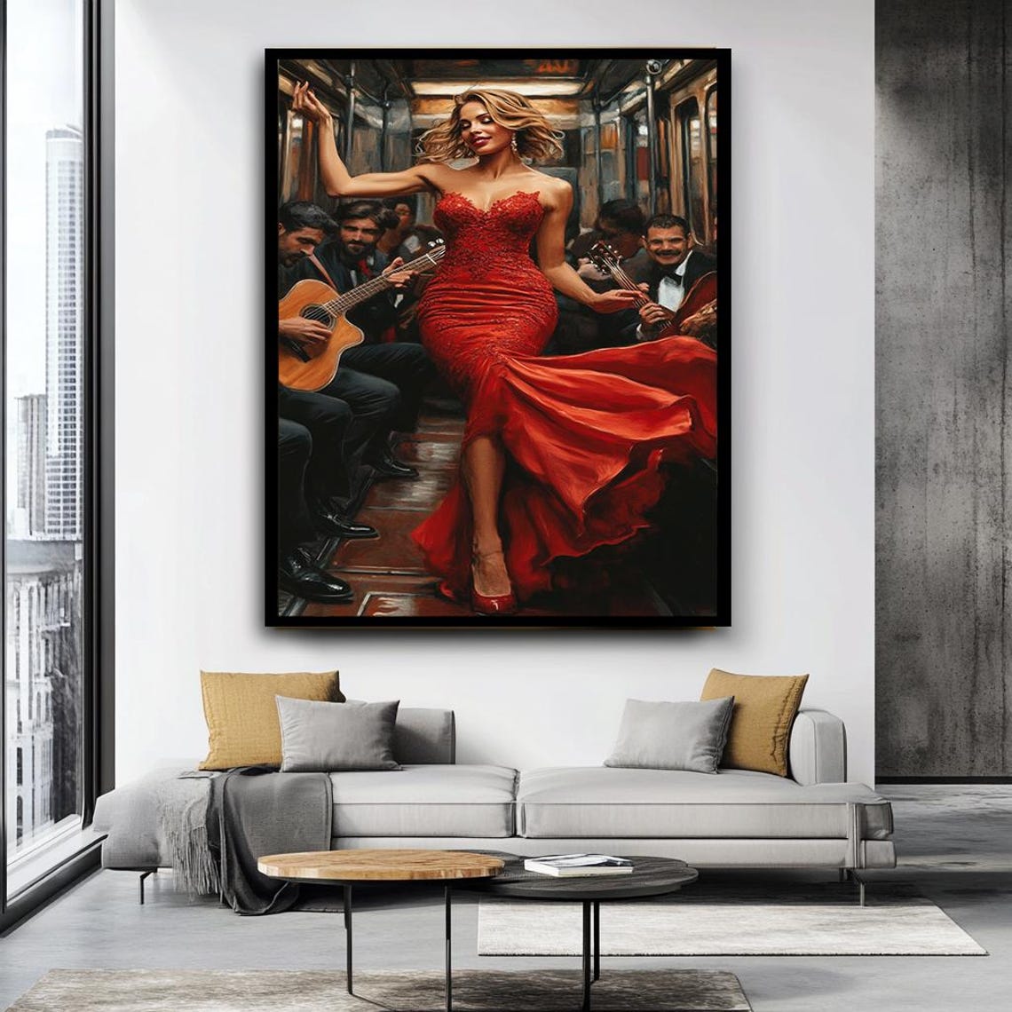 Glamorous Woman In Red Dress Print Elegant Lady In Subway Art Bold And Sexy Wall Art For Living Room Modern Fashion Artwork - Image 2