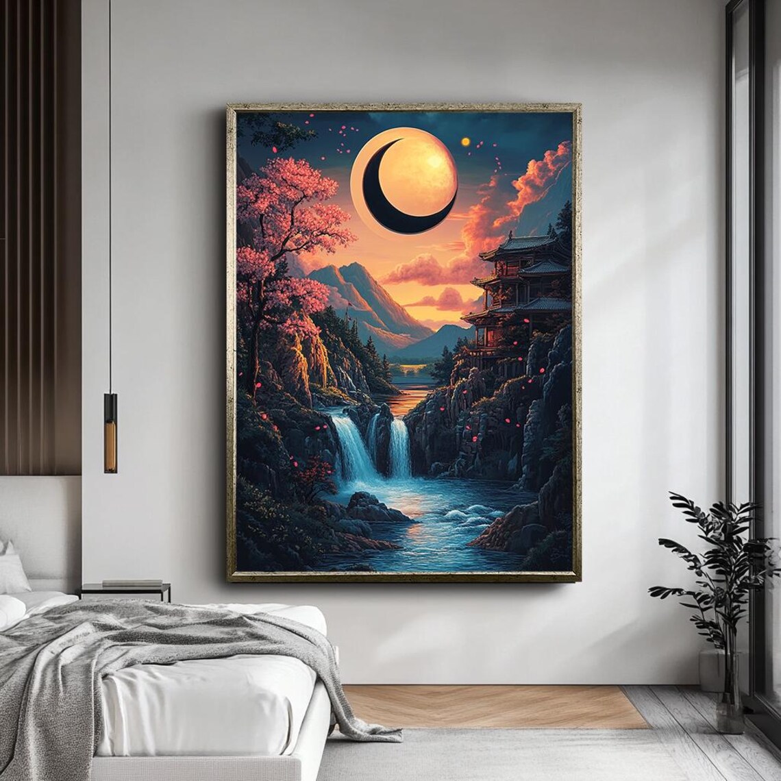 Japanese Moonlit Waterfall Cherry Blossom Pagoda Cliff Sunset Poster