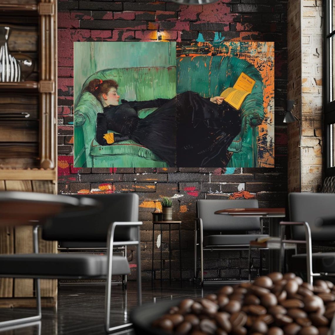 Vintage Woman Reading On Green Sofa Classic Elegant Literary Art Print - Image 3