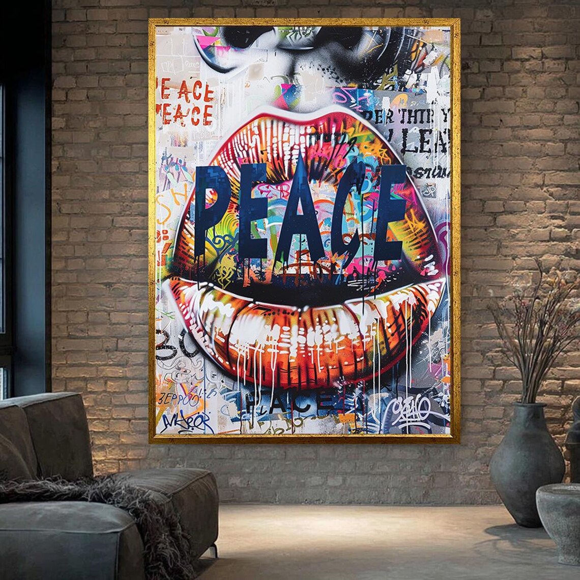 Peace Graffiti Lips Pop Art Street Style Colorful Urban Canvas Poster