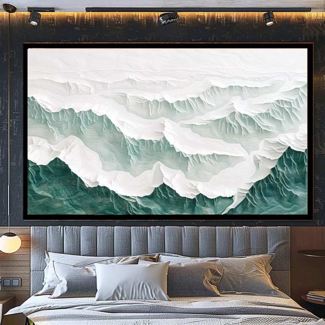 Minimalist Layered Mountain Landscape White Green Textured Art Poster - Image 4