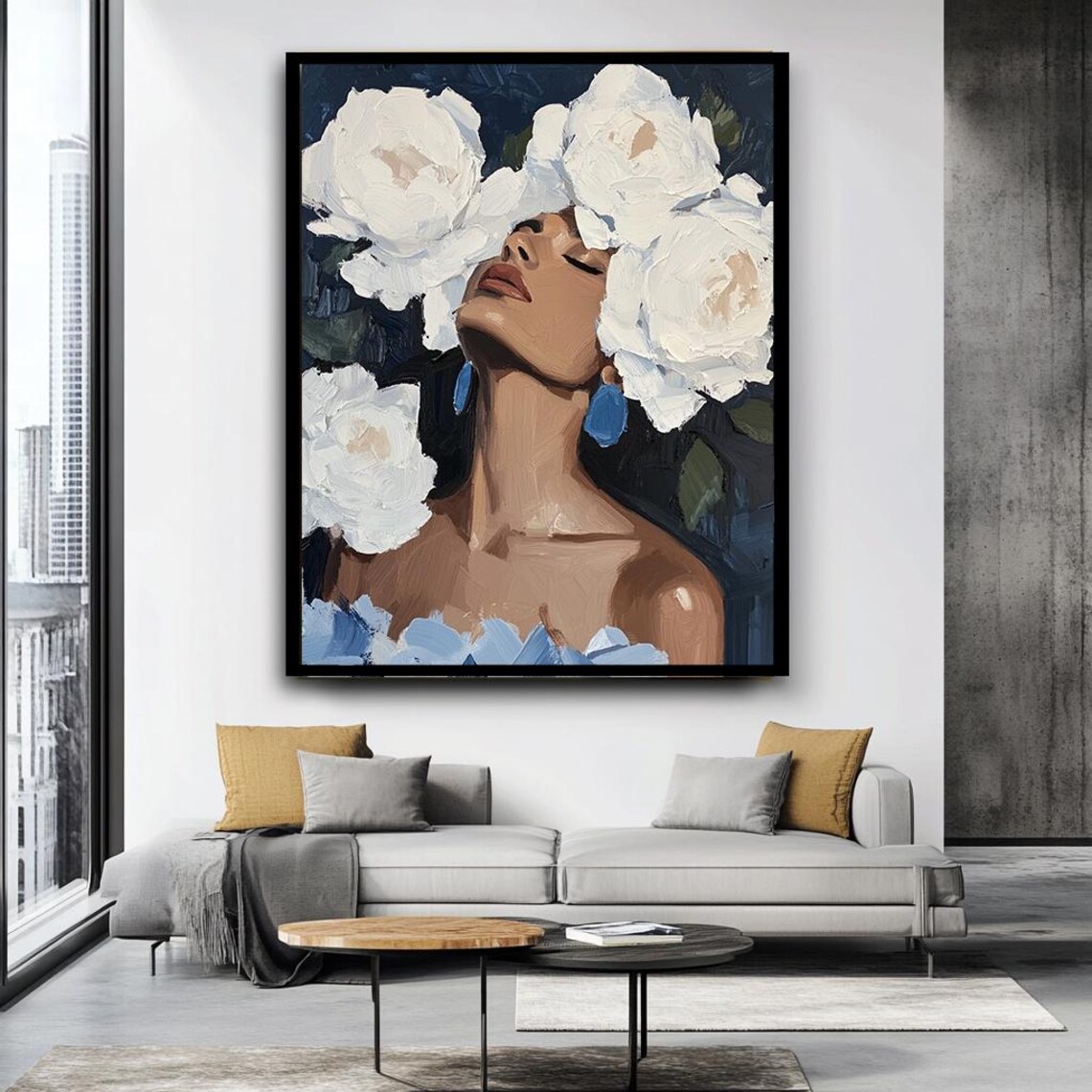 Elegant Woman Portrait With White Flowers Modern Feminine Art Poster