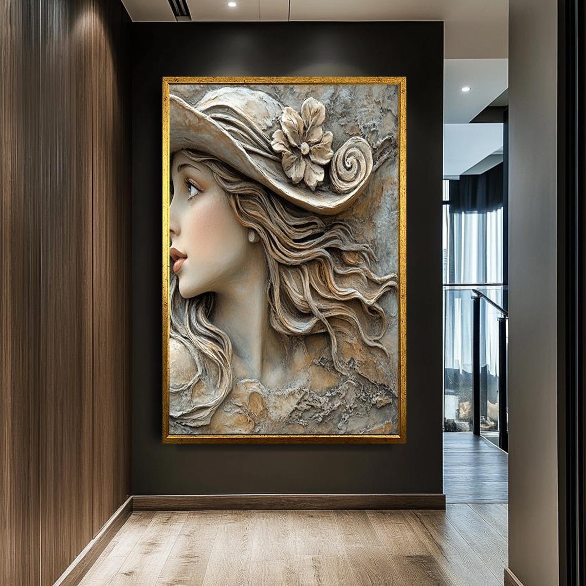 3D Sculptural Woman Profile Hat Stone Relief Romantic Wall Art - Image 3