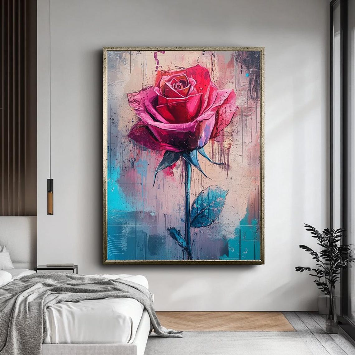 Red Rose Bloom Abstract Floral Painting Turquoise Drip Wall Art - Image 5