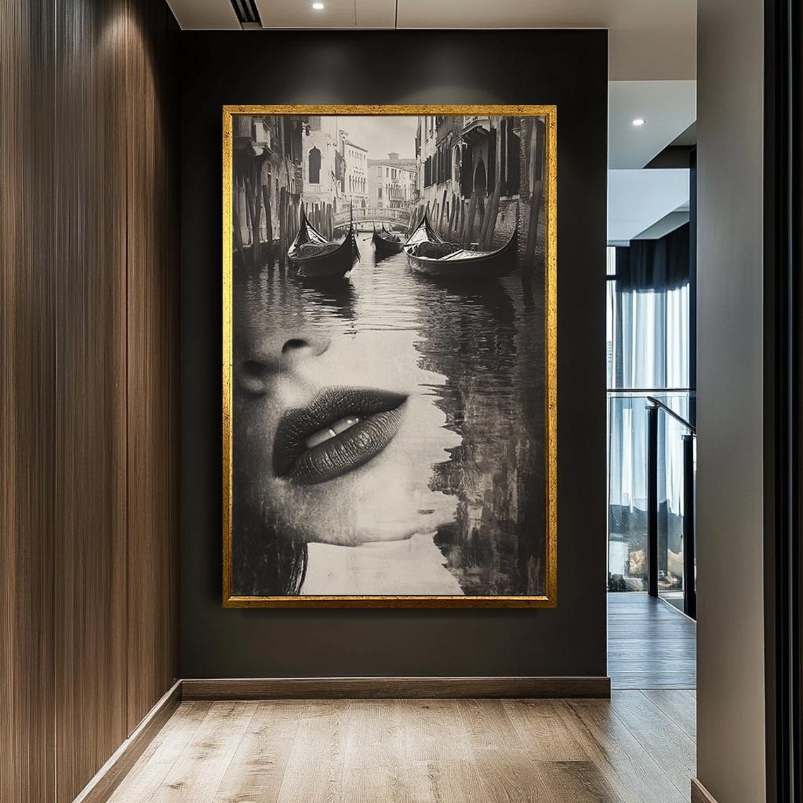 Venice Canal Gondola Double Exposure Lips Surreal Black White Poster - Image 2