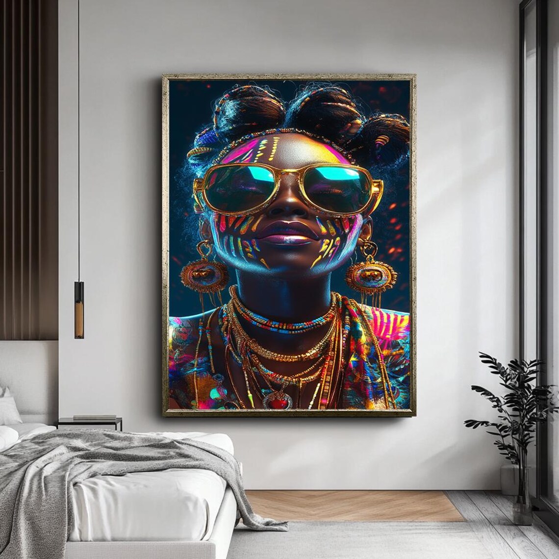 Neon Tribal Woman Portrait Sunglasses Bold Colorful Festival Wall Art - Image 3