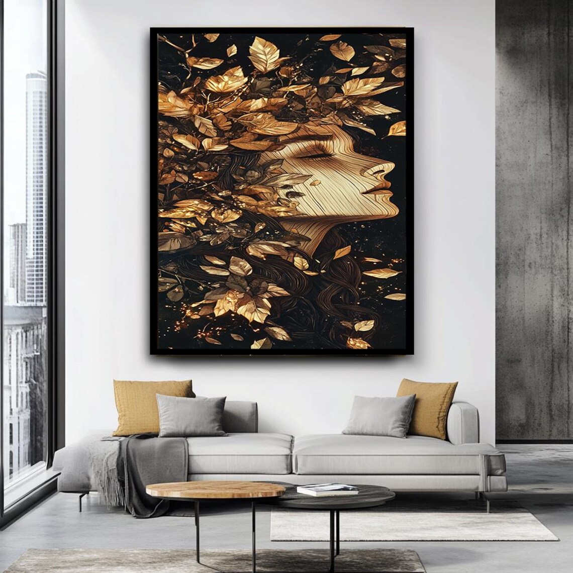 Golden Leaves Woman Profile Abstract Botanical Black Wall Art - Image 4