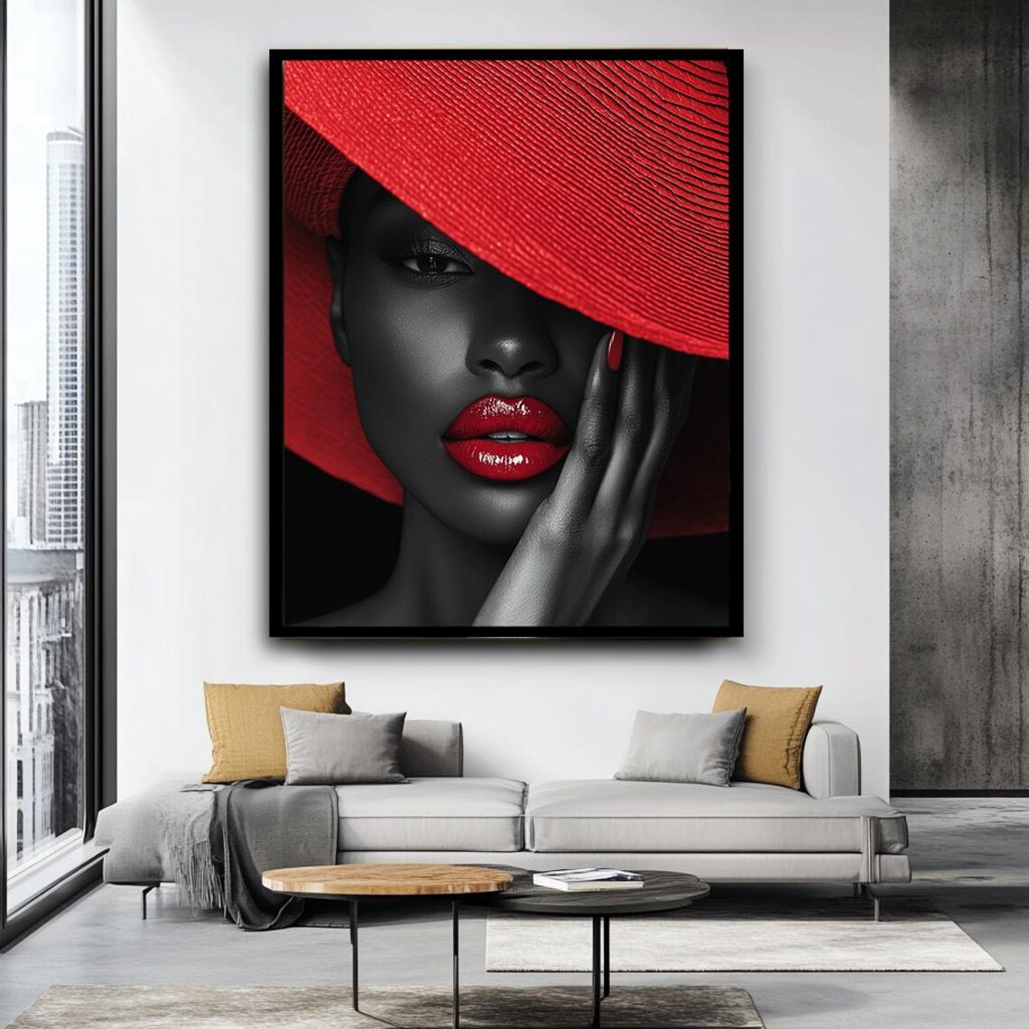 Elegant Black And Red Woman Portrait Wide Brim Hat Fashion Art Print - Image 4