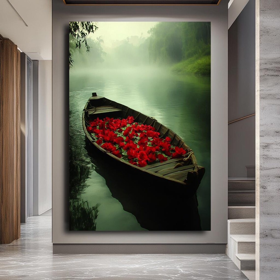 Wooden Boat Full Of Red Flowers Misty River Tranquil Wall Art