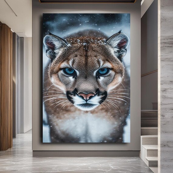 Snowy Cougar Piercing Blue Eyes Winter Wildlife Portrait Poster