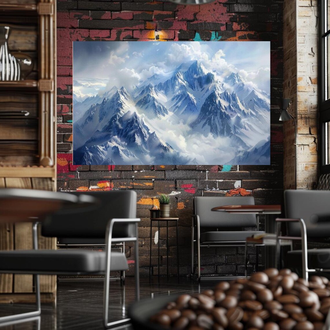 Snowy Mountain Peaks Above Clouds Blue Alpine Landscape Travel Poster - Image 2