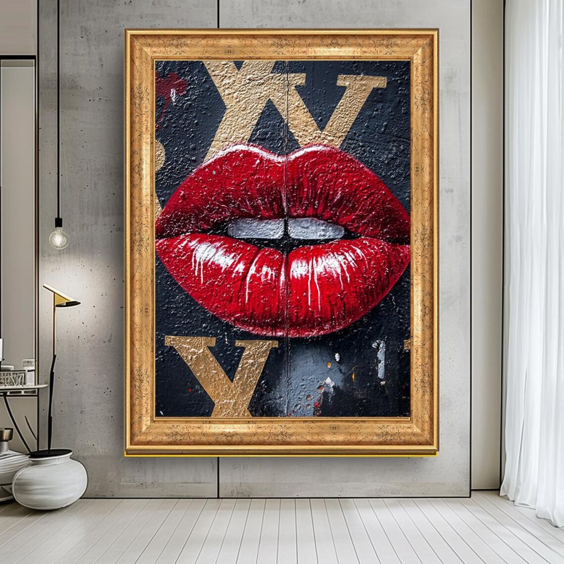 Luxury Red Lips Wall Art Glam Pop Art Style With Gold Lettering Bold Statement Decor Modern Fashion Artwork Ready To Hang