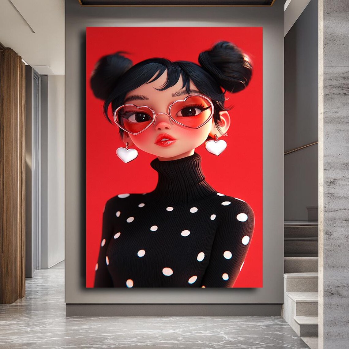 Cartoon Girl Heart Sunglasses Red Background Cute Pop Wall Art - Image 4