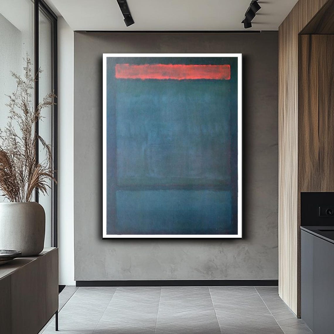 Teal Abstract With Red Band Rothko Style Minimalist Dark Wall Art - Image 2