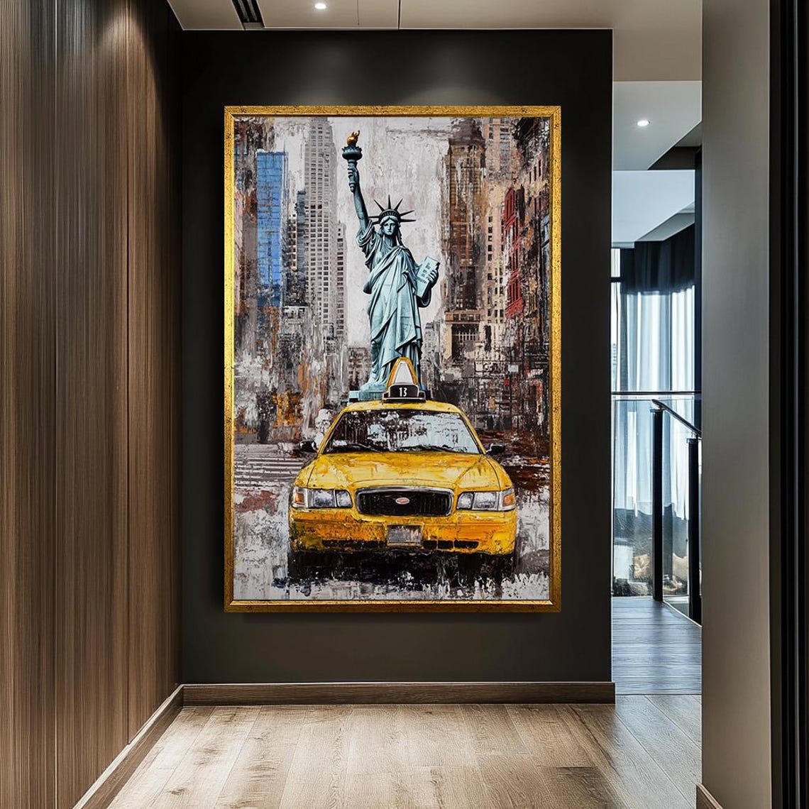 New York City Taxi And Statue Of Liberty Wall Art Urban Nyc Iconic Yellow Cab Painting Modern Cityscape Decor New York Artwork - Image 5