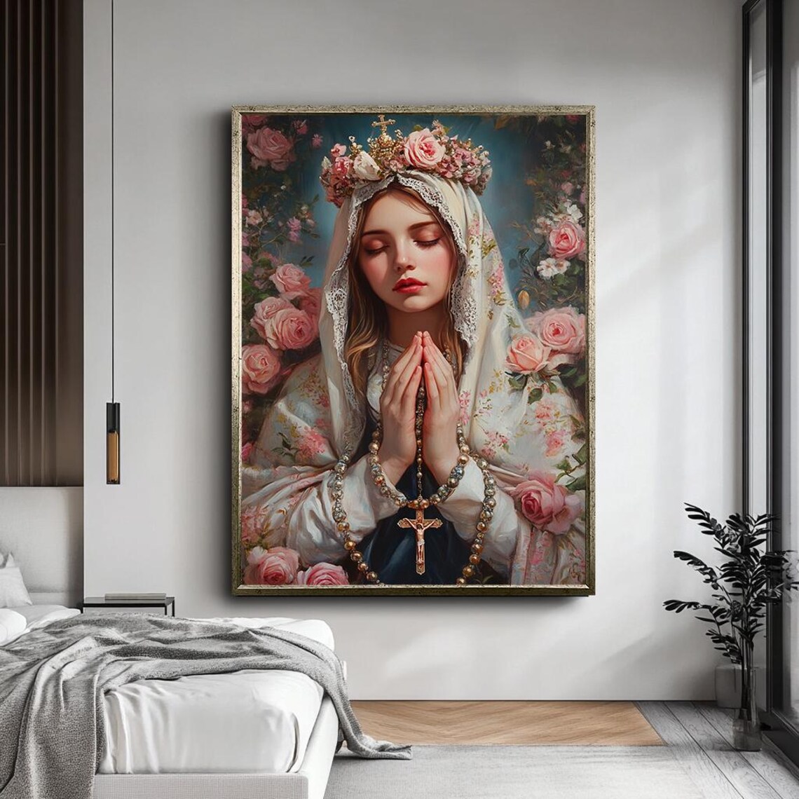 Virgin Mary Praying With Roses Rosary Floral Crown Religious Art Poster - Image 4